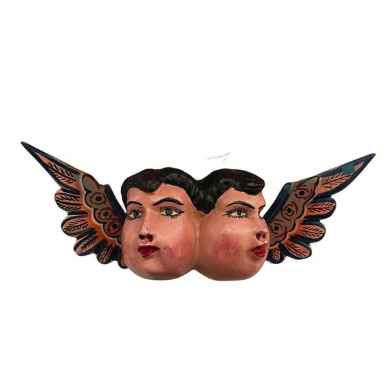 WOOD ANGEL, Two Faces Painted Angel, Cherub, Mexican Chubby Cheeks Angel