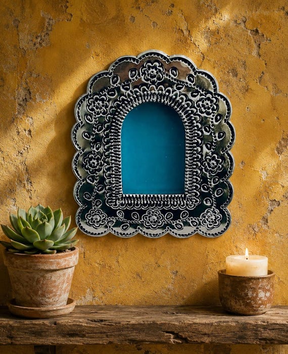 Mexican Tin NICHO, Arched Shadowbox Frame, Silver with Blue,  7 1/2"H