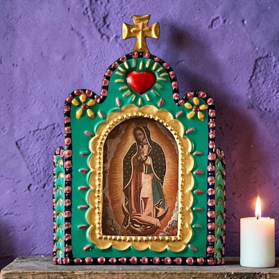 VIRGIN GUADALUPE Tin Nicho, Mexican Church Frame, Small 5 1/2”H