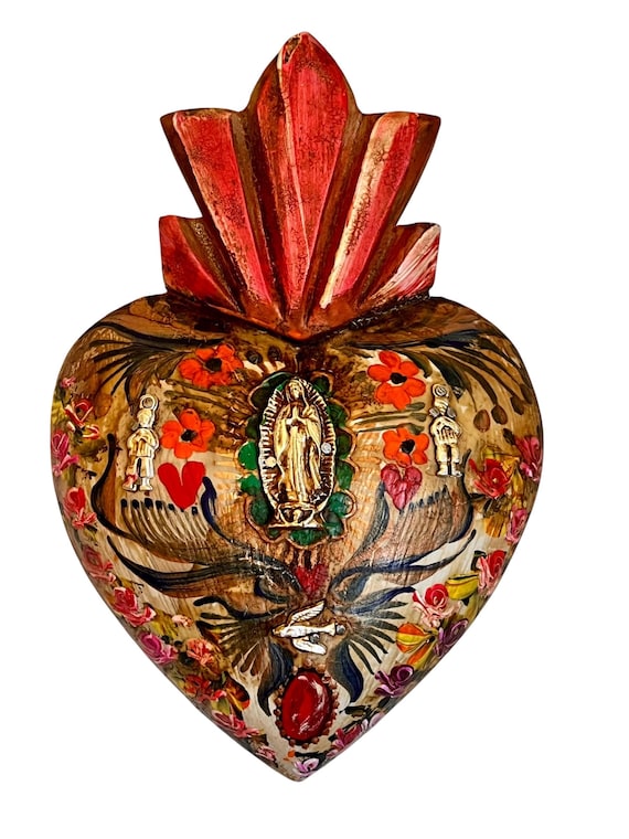 Virgin GUADALUPE Sacred HEART, Painted Milagro Heart w Doves, Mexican Corazon