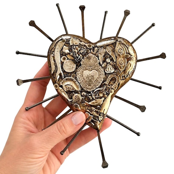 Heart with Nails 8” Milagros Sacred Heart, Embossed Tin & Wood Mexican Corazón