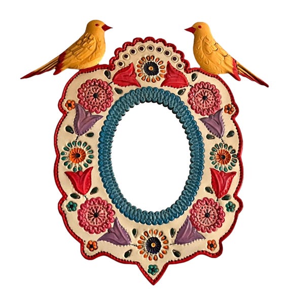 Mexican TIN MIRROR with Birds, Hand Painted Oval Mirror LG 13”H