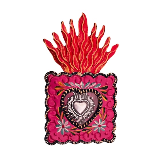 SACRED HEART Nicho, Mexican Tin Milagro Heart Frame, Sagrado Corazon, Pink