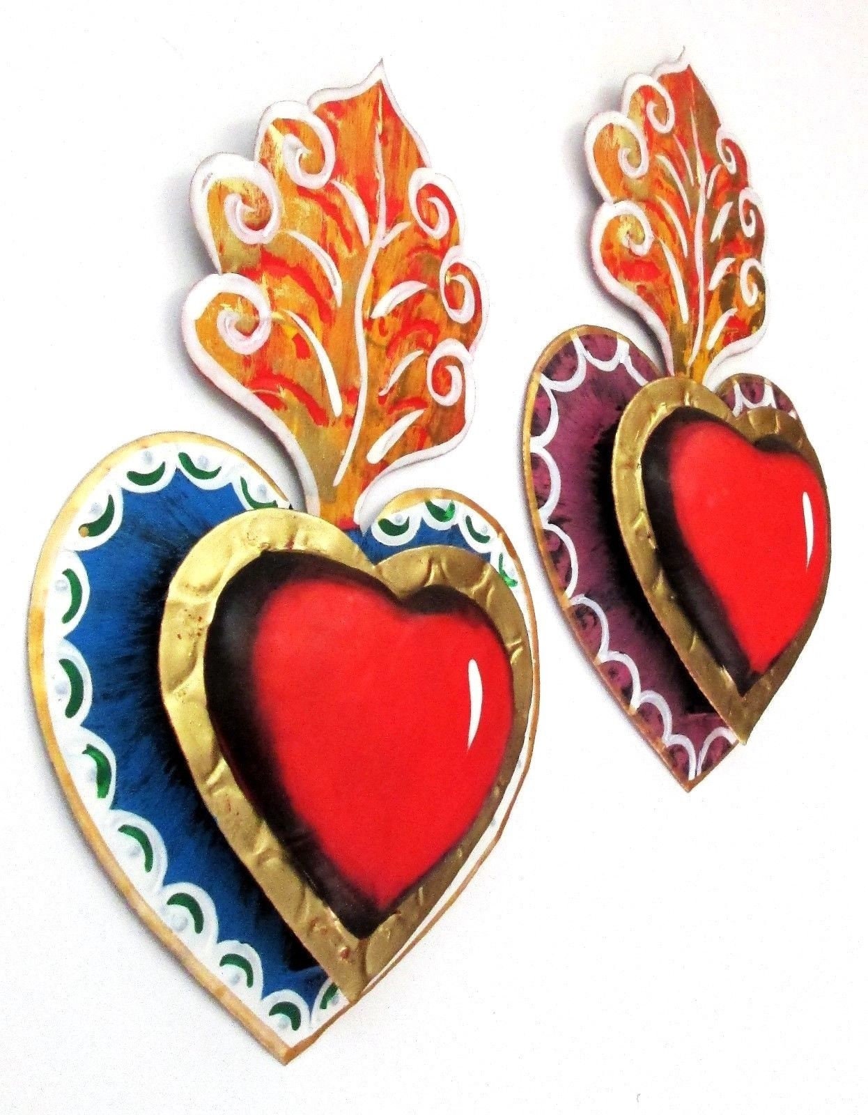 Punched Tin Sacred Hearts Set (2) 8.5H Tin Anniversary 10th Anniversary