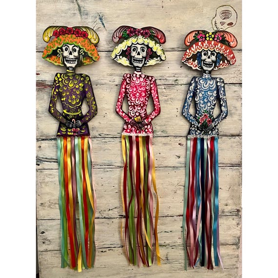 CATRINA ORNAMENT with Ribbons Skirt, Mexican Day of the Dead Hanging Ornament, Dia de los Muertos Catrina