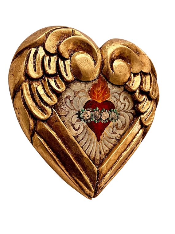 SACRED HEART with Wings, Winged Mexican Corazon. Gold Leaf