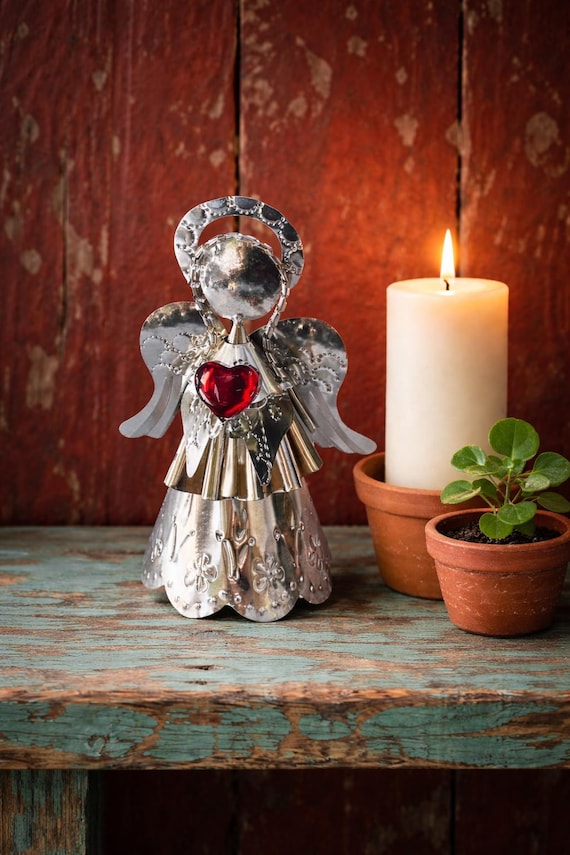 Tin ANGEL with Red Glass HEART 7” Mexican Punched Tin