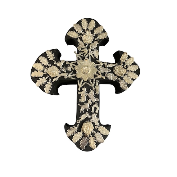 Mexican Milagros Cross: Black Wood Exvoto with Silver Charms