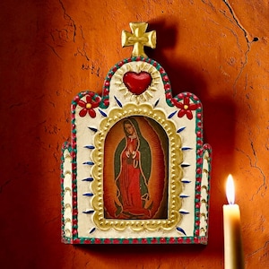 VIRGIN GUADALUPE Tin Nicho, Mexican Church Frame, Small 5 1/2”H