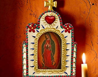 VIRGIN GUADALUPE Tin Nicho, Mexican Church Frame, Small 5 1/2”H