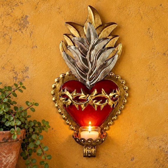SACRED HEART Nicho, Mexican Punched Tin Candleholder, Corazon with Thorns 10.5”