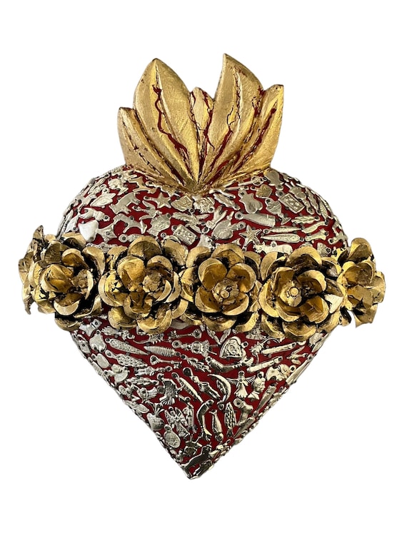 Milagros SACRED HEART,  ExVotos Wood Heart with Tin ROSES Mexican Corazon 12” Metallic Gold or Silver Leaf