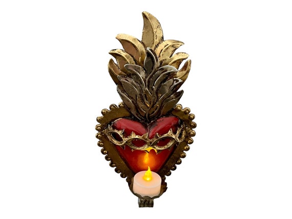 SACRED HEART Nicho, Mexican Punched Tin Candleholder, Corazon with Thorns 10” Red
