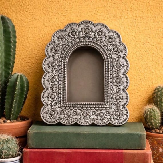 Mexican Tin NICHO, Arched Shadowbox Frame, Silver or Oxidized 7 1/2"H