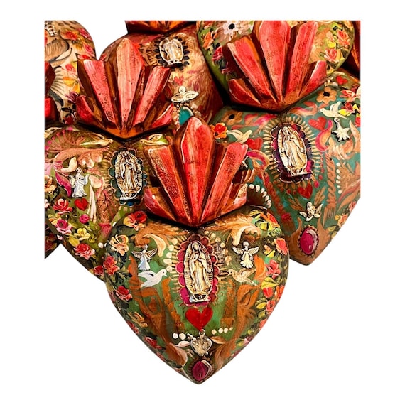 Virgin GUADALUPE Sacred HEART, Painted Milagro Heart w Doves, Mexican Corazon