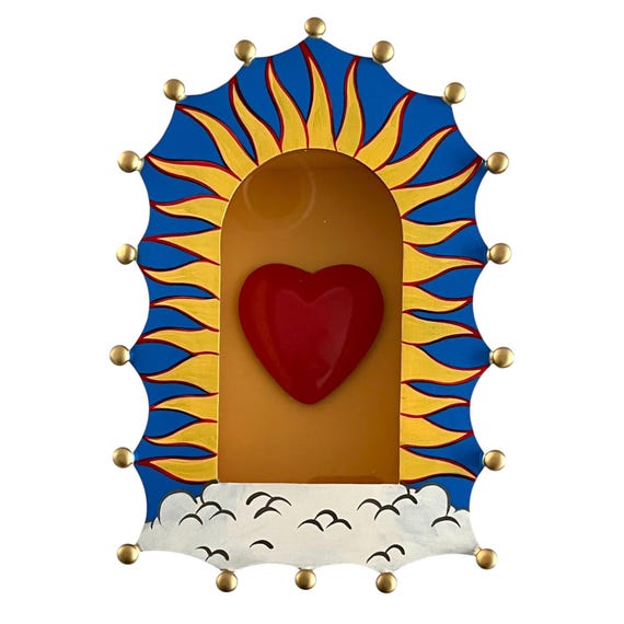 Hand Painted Tin NICHO, Shadowbox Display Frame LG 11” With/Without Heart Magnet