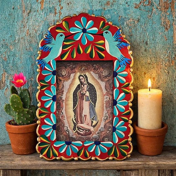 Mexican Nicho with Hummingbirds, Virgin GUADALUPE, Hand Painted Tin Frame 8”