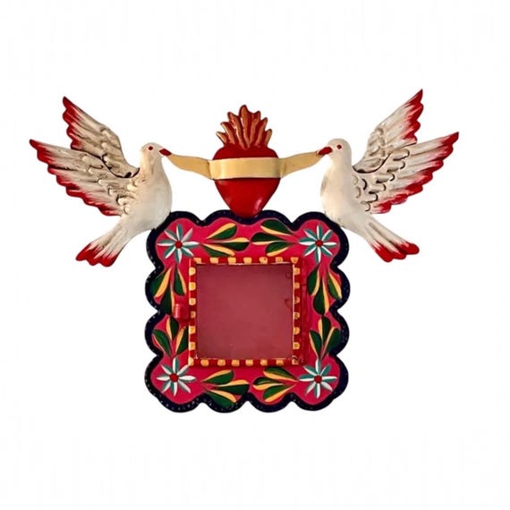 Mexican Tin Sacred Heart Nicho, Hand Painted Shadowbox Frame with Doves
