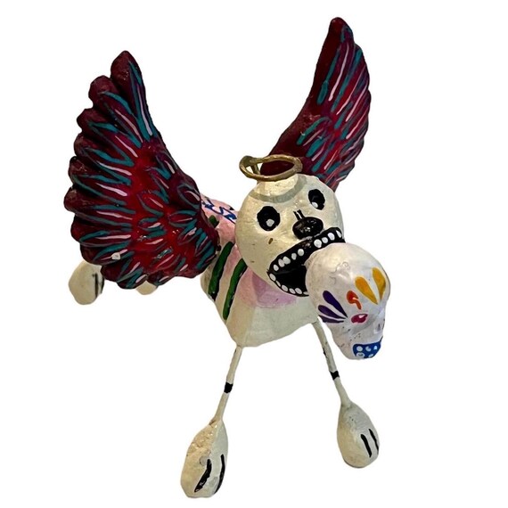 Day of the Dead ANGEL DOG with Wings & Halo, Dog Holding Skull, Altar Ofrenda Decoration, Mexican Pottery
