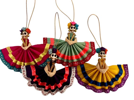 Day of the Dead Frida CATRINA Ornaments Magnets, Set CORN HUSK Mexican Christmas Decorations Party Favors