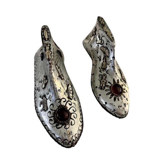 SHOE MOLD Set (2) Embossed Tin and Milagros, PAIR Wood Shoe Forms with Charms ExVotos Etched Tin