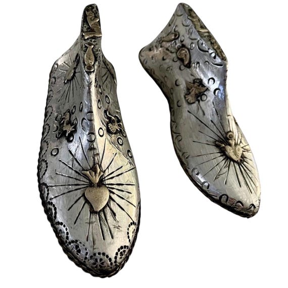 SHOE MOLD Set (2) Embossed Tin and Milagros, PAIR Wood Shoe Forms with Charms ExVotos Etched Tin