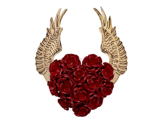 HEART with Red ROSES and WINGS, Lg Punched Tin Heart, Mexican Corazon - **See Description