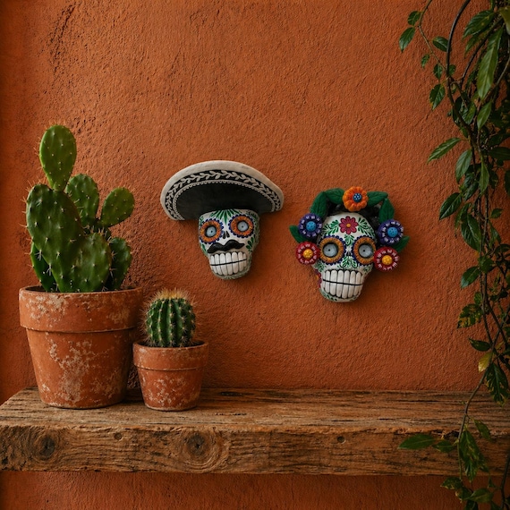 Day of the Dead SKULLS PAIR, Mexican Pottery Catrin & Catrina Calavera Ornaments SET,  Altar/Ofrenda Decorations