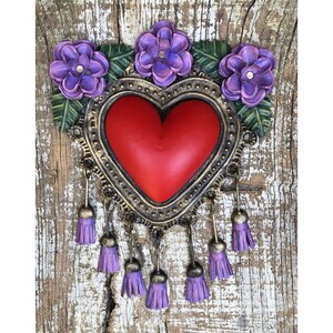 Tin HEART with ROSES, Flower Heart with TASSELS, Mexican Punched Tin Corazon