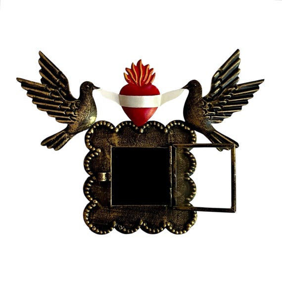 SACRED HEART Frame with Doves, Mexican Tin Heart Nicho, Shadowbox Nicho