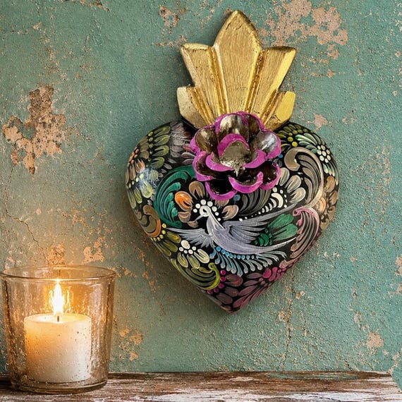 SACRED HEART, Hand Painted Mexican Wood Corazon with Dove & Tin Rose