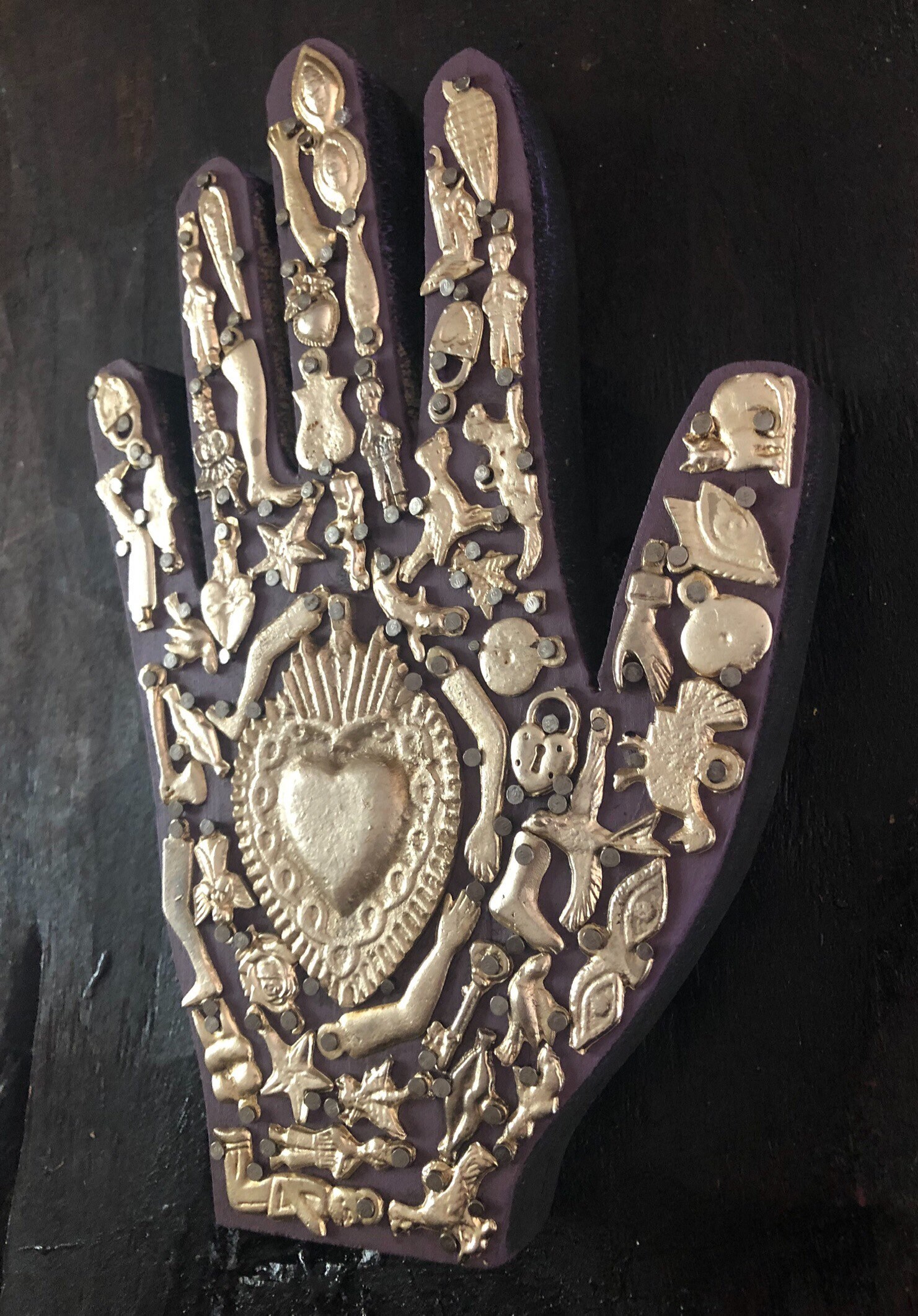 Ex Voto Wood Hand with Charms, Milagros Hand, Healing Hand, Mexican