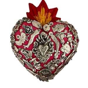 Mexican MILAGROS SACRED HEART,  Heart with Charms, ExVotos Corazon