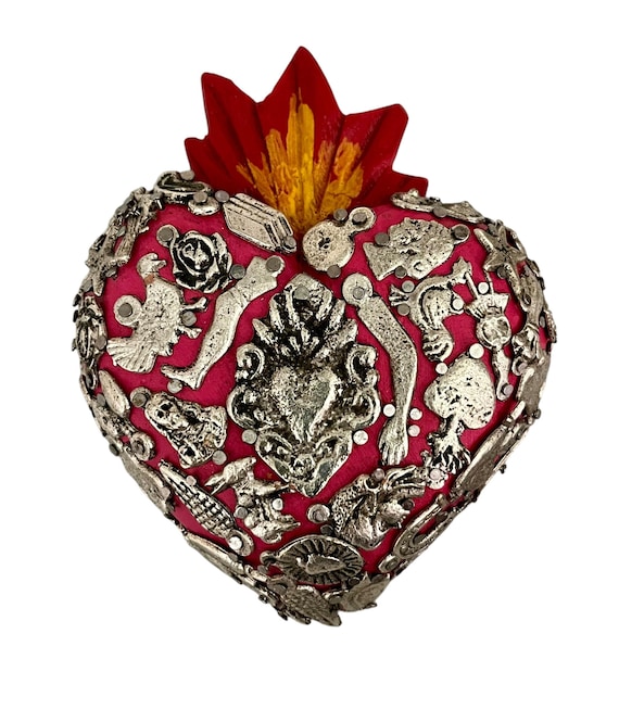 Mexican MILAGROS SACRED HEART,  Heart with Charms, ExVotos Corazon