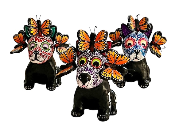 Day of the Dead Dog, Altar Ofrenda Decoration, Mexican Pottery, Skeleton Puppy with Butterflies