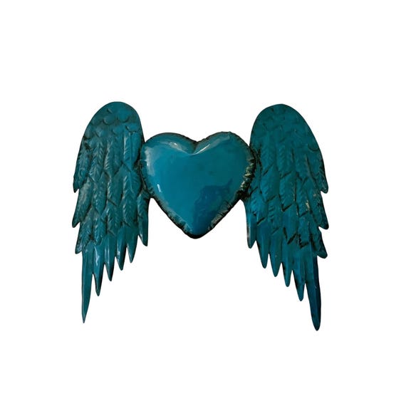 WINGED HEART, Mexican Corazon, Punched Tin Heart with Wings, Blue