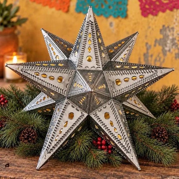 Mexican Estrella Luminaria, Moravian Tin Star Christmas Tree Topper, Xmas Topper 9 inch or 12.5 inch