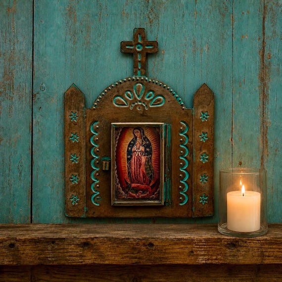 VIRGIN GUADALUPE Tin Nicho, Mexican Church Frame 6”H