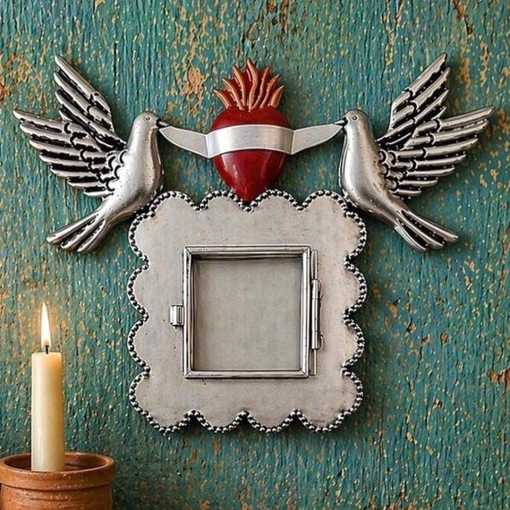 SACRED HEART Frame with Doves, Mexican Tin Heart Nicho, Shadowbox Niche, Silver