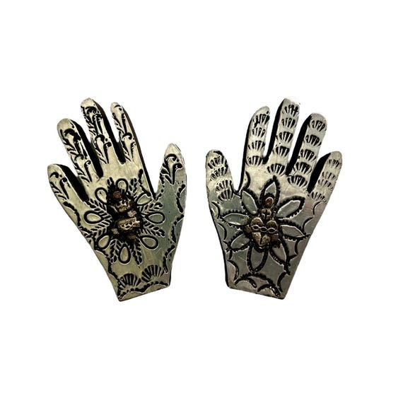 PAIR Mexican MILAGROS HANDS, Set (2) Mini Hands With Charms, ExVotos Healing Hands, Etched Tin