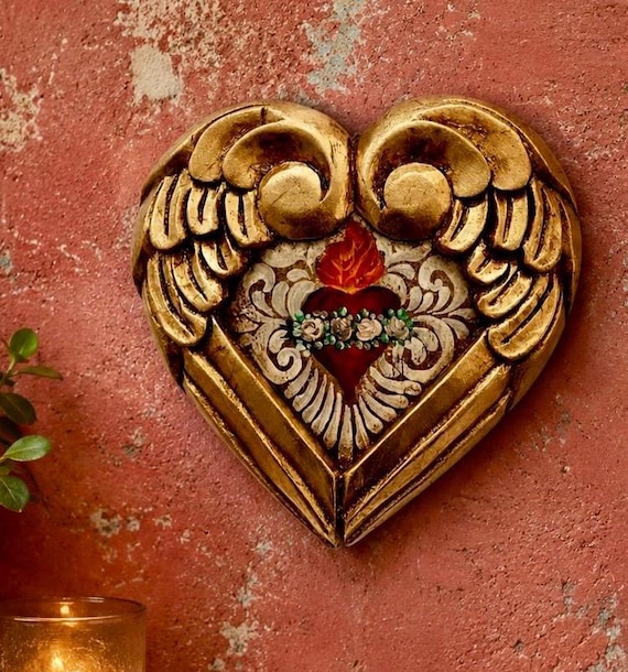 SACRED HEART with Wings, Mexican Carved Corazon, Handpainted 7 or 9 inch