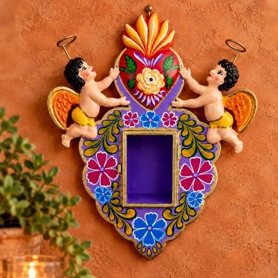 SACRED HEART Nicho Frame, Mexican Tin Corazon with Angels, Cherubs LG 10” Love Shadowbox