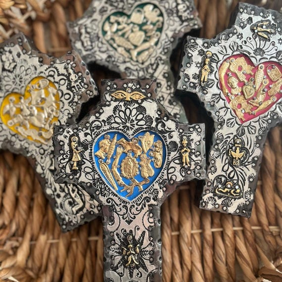 Mexican CROSS with Milagros HEART,  Wood Embossed Tin, ExVotos Cross Etched Tin, Milagros Corazon 7.5”