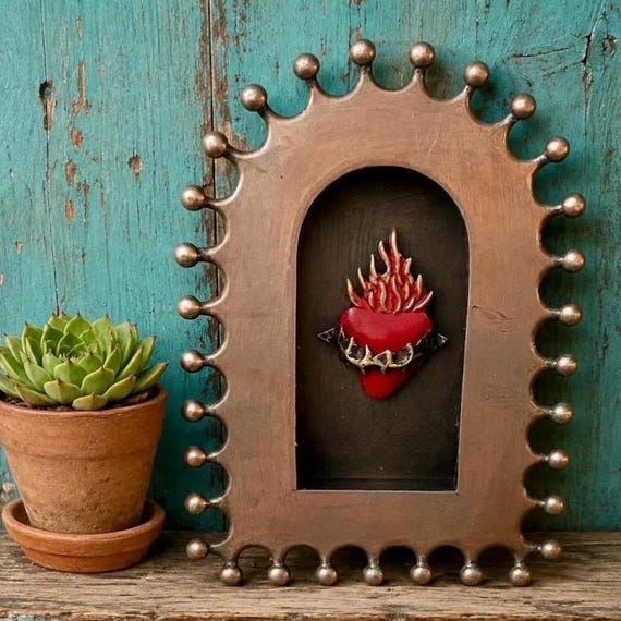 Mexican Tin NICHO with/without Sacred Heart magnet,  8"H Shadowbox Display Niche, Altar Frame