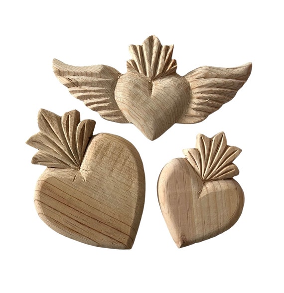 Set (3) DIY Hearts, Carved Wood SACRED HEARTS, Craft Hearts, Mexican Corazons
