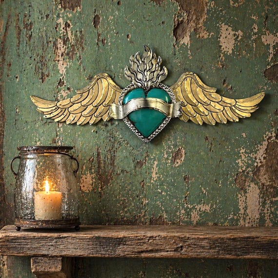 HEART with WINGS, Tin Winged Heart, Mexican Corazon 26”W