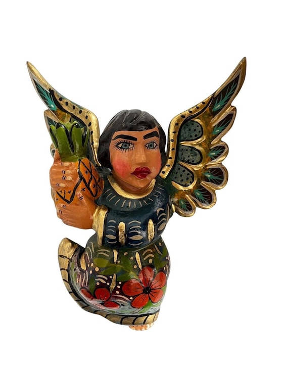 Mexican ANGEL with Pineapple, Full Body Hanging Carved Wood Angel