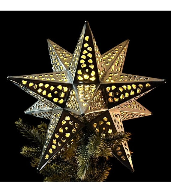 Moravian Tin Star Christmas Tree Topper: Mexican Estrella Luminaria, Xmas Topper