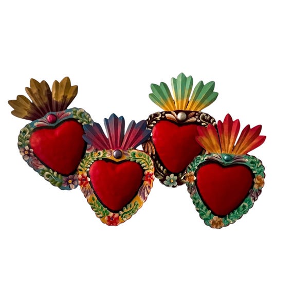 Mexican TIN HEART with Flowers, Painted Tin Corazon
