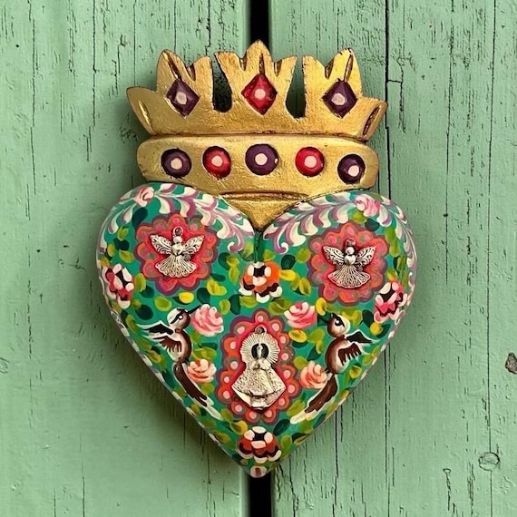 Milagros Heart Virgin GUADALUPE & Doves, ExVotos Corazon, SACRED Heart with CROWN
